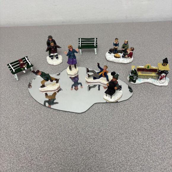 Unbranded Other - Vintage Christmas Village At The Pond Lot, 9 Pieces - Pond, Skaters, Benches